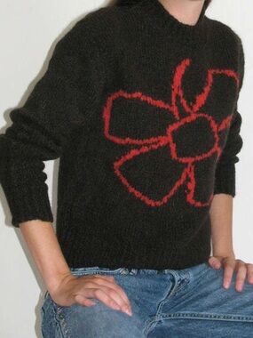 Paloma Wool Black Crewneck Sweater with Red Floral Motif